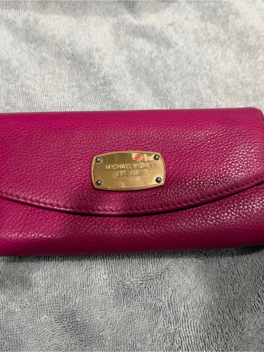 Michael Kors Fuchsia Leather Flap Clutch with Gold Plaque